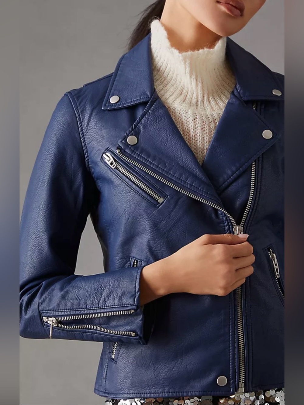 BLANKNYC Anthropologie Navy Blue Leather Moto Jacket - Size M